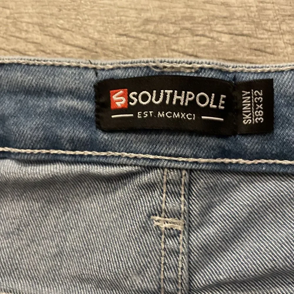 Southpole Skinny Jeans Men's Size 38x32 Y2K Distressed Ribbed Light Wash Hip Hop